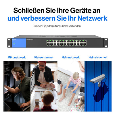 Linksys LGS124-EU 24-Port Unmanaged Gigabit-Netzwerk-Switch – Ethernet-Switch/Hub mit Metallgehäuse, Splitter – Platzierung an der Wand oder auf dem Schreibtisch im Büro oder zu Hause, Plug-and-Play