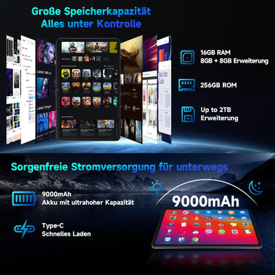 FEONAL Android 15 Tablet 12 Zoll 2K Display Helio G99 Gaming Tablet mit Tastatur/Stift/Maus, Gemini AI, 16(8+8) GB RAM+256GB ROM (2TB TF), 5G WiFi Tablets-PC, 21MP/9000mAh/Widevine L1/GPS/BT5 - Grau