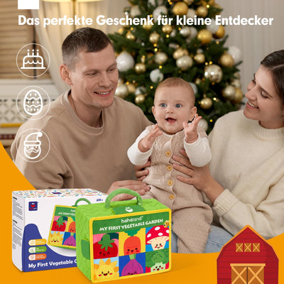 hahaland Montessori Spielzeug Baby - Obst und Gemüse Garten Plüschtier-Set, Motorik Baby Spielzeug 6 Monate mit Rasseln Spiegel Tragbarer Box,Weihnachts Geschenk für Spielzeug ab 6 7 8 9 10 12 Monate
