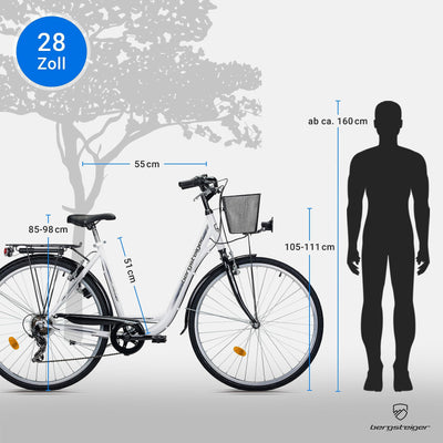 Bergsteiger Florenz 28 Zoll Damenfahrrad mit Korb, Beleuchtung & Schaltung, ab 160 cm, Damen Fahrrad mit Shimano 7 Gangschaltung, Retro Damenrad