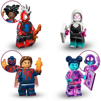 Lego Spiderman Minifiguren Serie mit 12 Spider-Man Figuren: Komplett-Set der Lego Minifiguren Serie 71050 Across The Spider-Verse (inkl. bedruckter Fliese)