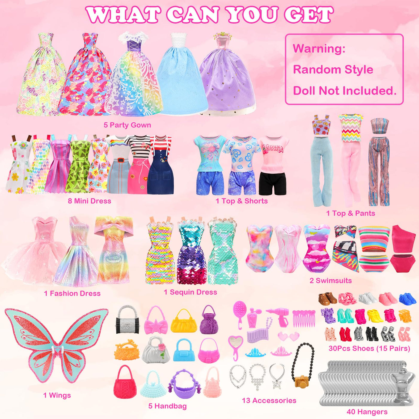 Miunana 110+ Kleidung für Puppen Puppenkleidung Fashion Kleider Tops Bluse Hosen Abendkleider Badenanzüge Minikleider Schuhe Kleiderbügel Handtasche Flügel Zubehör für 11,5 Zoll Mädchen Puppen