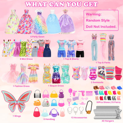 Miunana 110+ Kleidung für Puppen Puppenkleidung Fashion Kleider Tops Bluse Hosen Abendkleider Badenanzüge Minikleider Schuhe Kleiderbügel Handtasche Flügel Zubehör für 11,5 Zoll Mädchen Puppen