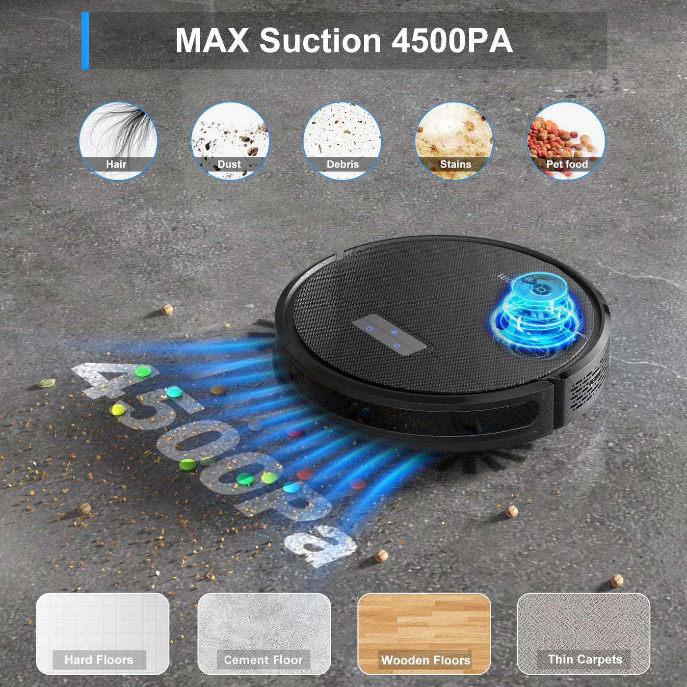 Tikom G8000 Pro Saugroboter mit Wischfunktion 2 in 1, Staubsauger Roboter, 4500Pa Starke Saugkraft Roboterstaubsauger, Selbstaufladend, WLAN, 150Mins Max, für Tierhaare, Teppich, Hartboden