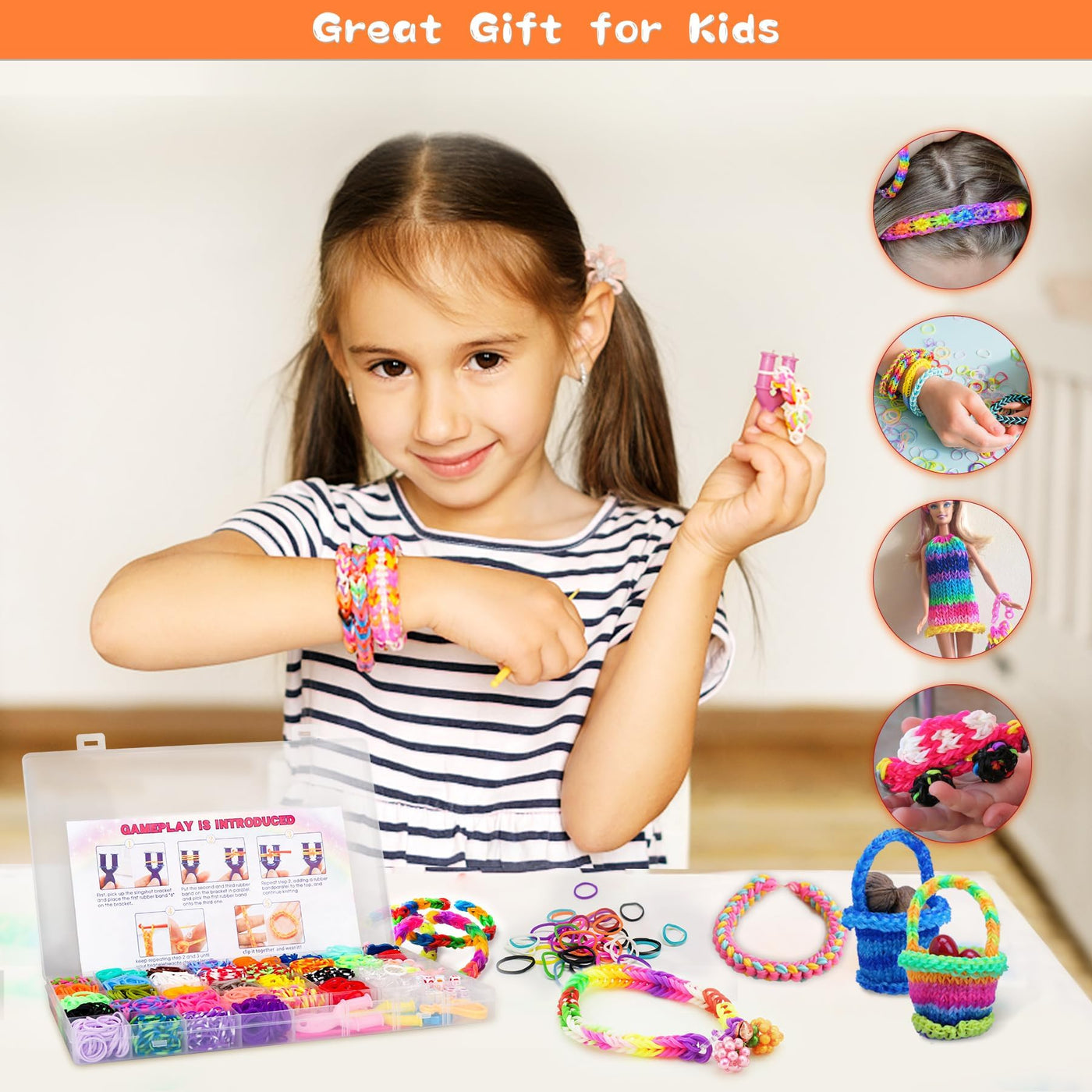 2500+ Loom Bänder Set, 40 Rastern Bunte Gummibänder Kit für Armbänder, DIY Elastisches Loombänder Kinder Armband Basteln mit Perlen Haken Charms Aufbewahrungsbox für Anfänger Junge Mädchen Geschenk