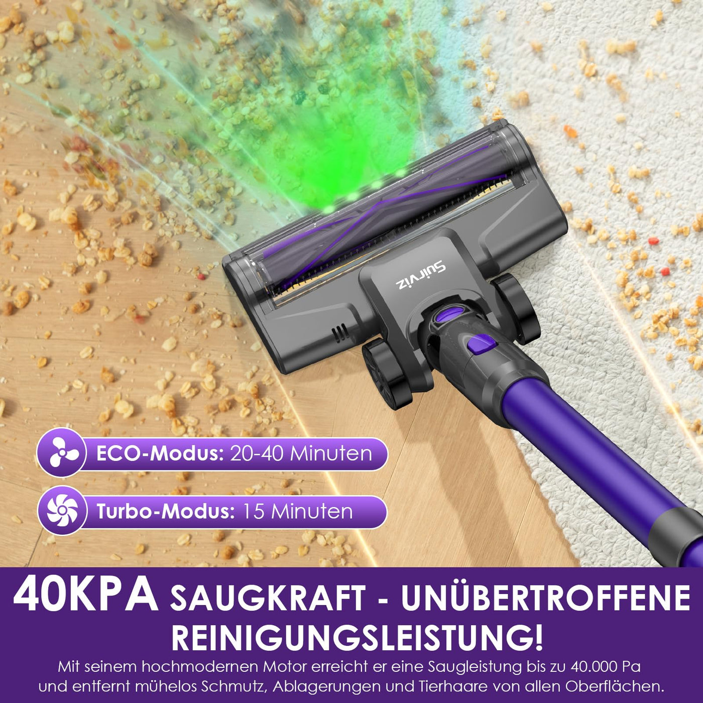 Suirviz Akku Staubsauger Kabellos, 500W/40000Pa/40 Min Akkustaubsauger mit Selbststehende, Leichter Stabstaubsauger mit grünem Licht, Ideal für Hartböden, Teppiche, Tierhaare