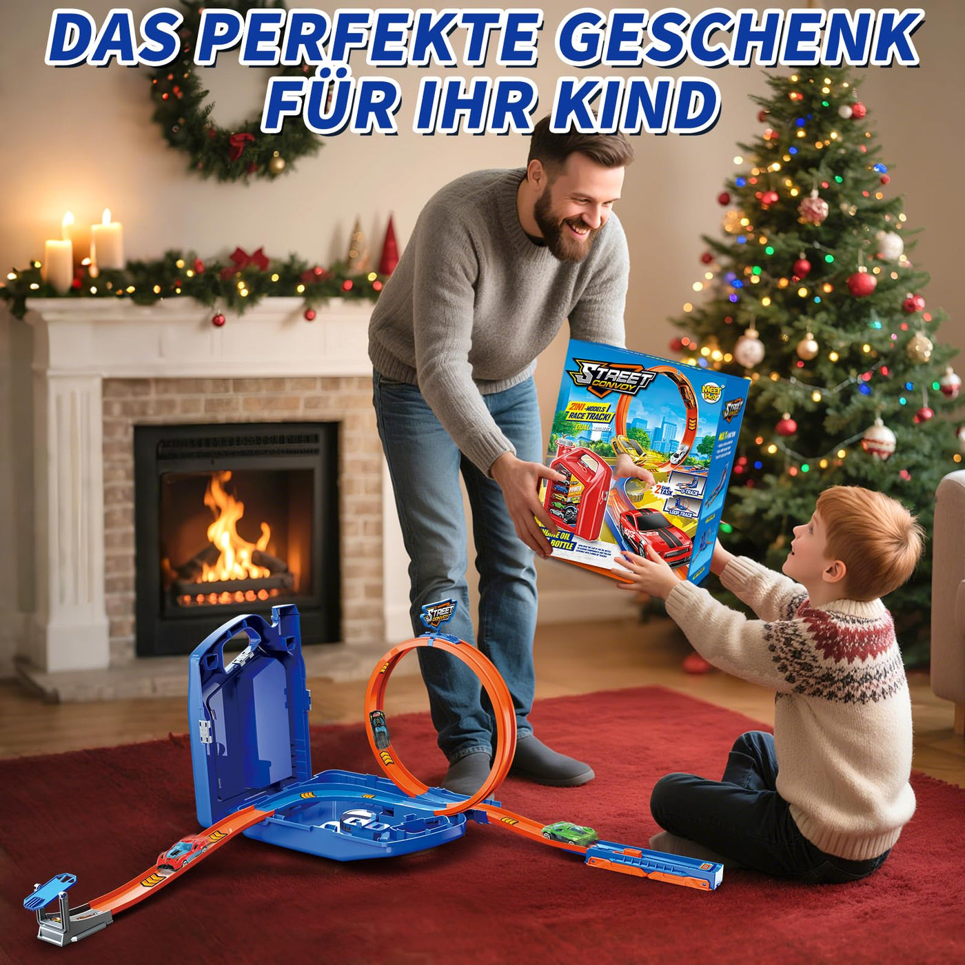 Charmofun Autorennbahn für Kinder, Rennstrecke Auto Spielzeug mit 6 Autos, Aufbewahrungsbox, Auto Rennbahn Mit Looping und U Track, Portable Spielzeug autorennbahn für Kinder ab 3 Jahre (Blau)