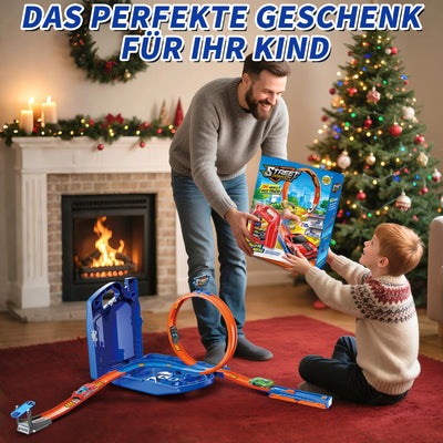 Charmofun Autorennbahn für Kinder, Rennstrecke Auto Spielzeug mit 6 Autos, Aufbewahrungsbox, Auto Rennbahn Mit Looping und U Track, Portable Spielzeug autorennbahn für Kinder ab 3 Jahre (Blau)