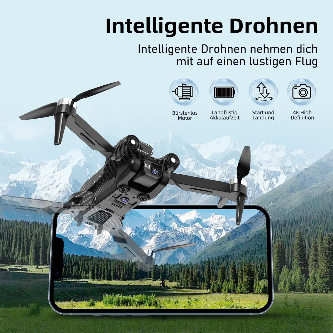 Drohne mit Kamera 4K, Mini Ferngesteuertes Flugzeug, Bürstenloser Motor 360°Flip Headless Modus WiFi 5G Bildübertragung Faltbar One Touch Start/Stop, 2 x 20 Mins Batterien, Kinderspielzeug, Schwarz