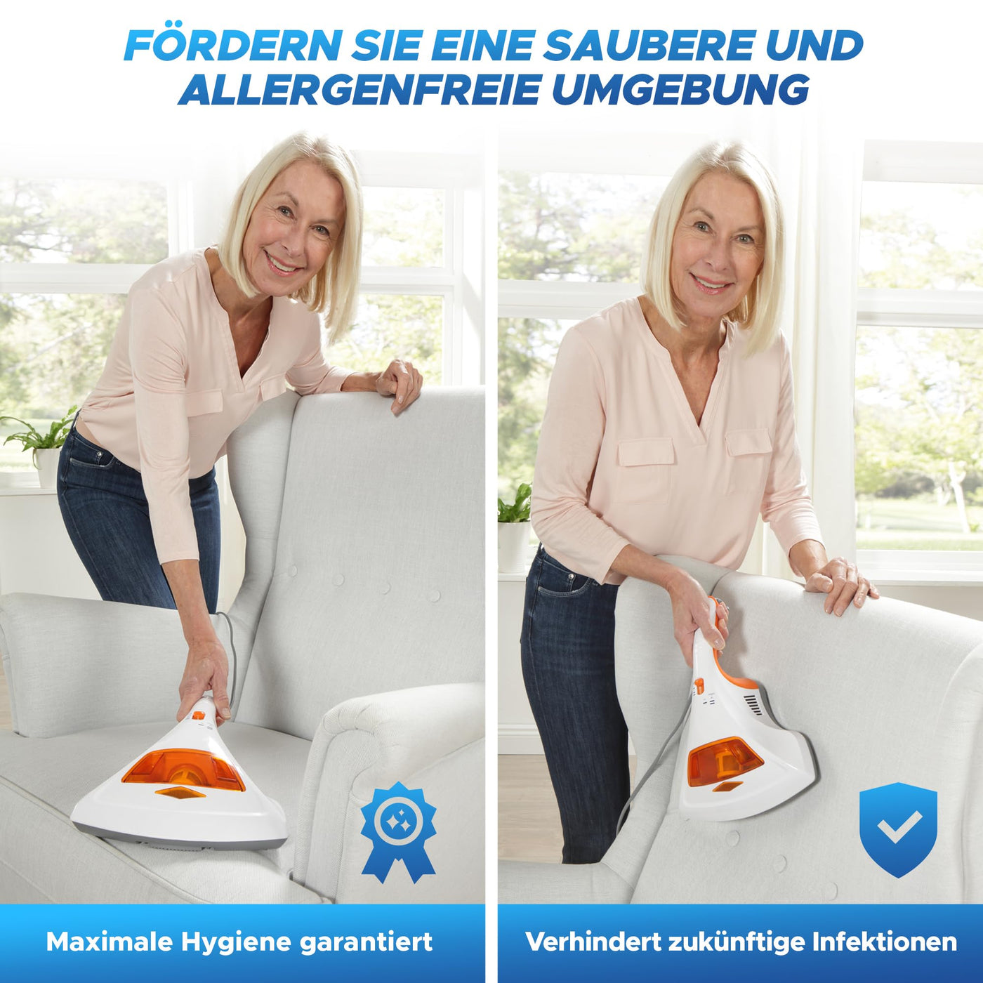 maxVitalis Milben-Handstaubsauger UV-C Licht, Sterilisation u. Reinigung, Matratzensauger, HEPA-Filtration vernichtet bis zu 99,9% Aller Milben, ohne Beutel, Starke Saugleistung, für Allergiker