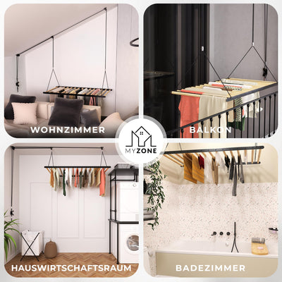 MyZone Wäscheständer Decke platzsparend, ausziehbar, stabil, 115x60cm | Wäschetrockner Deckenmontage, Deckentrockner klappbar, Hochtrockner | Badewanne, Balkon | Bambus Holz, schwarz matt