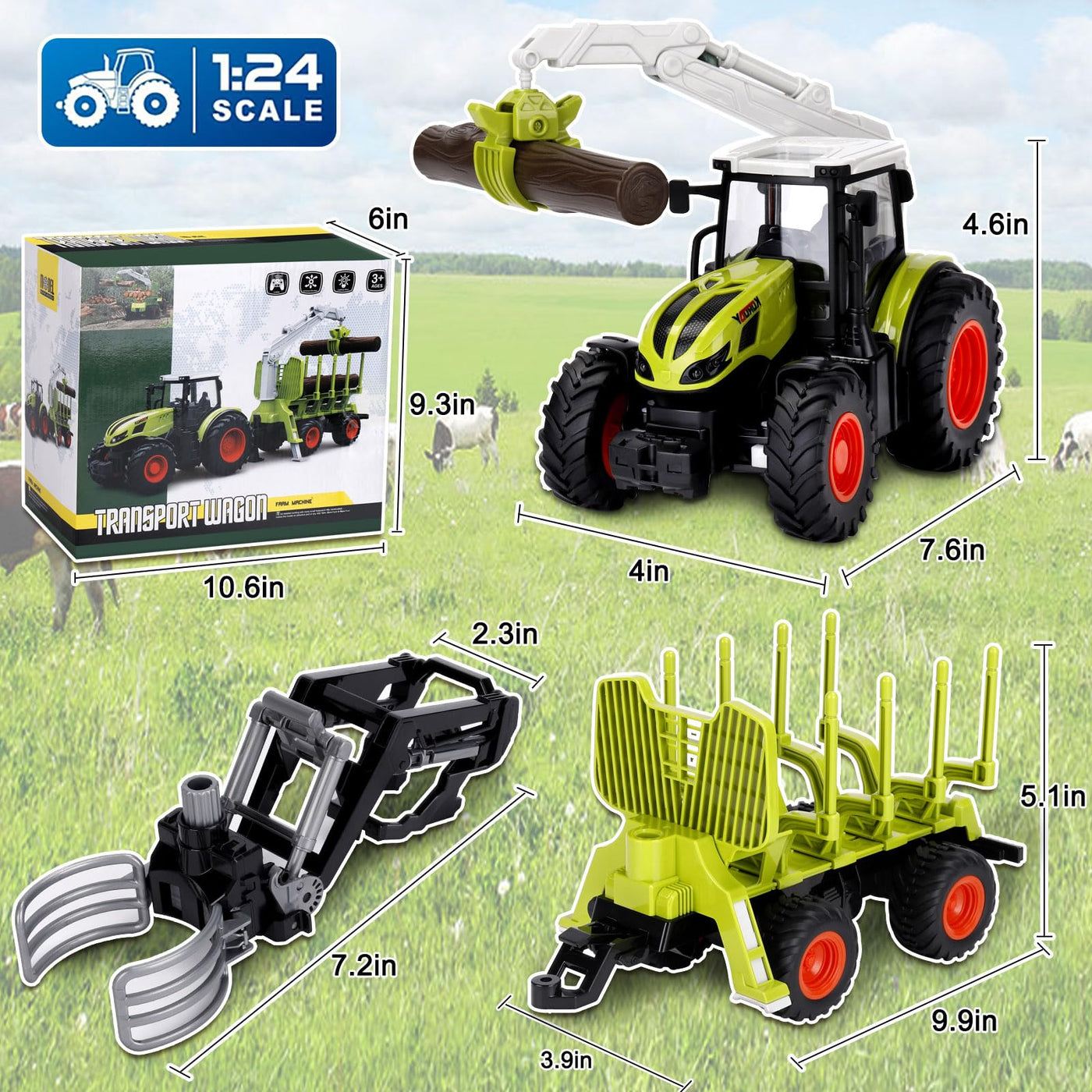 IEEILULU Ferngesteuerter Traktor Ferngesteuert, RC Traktor Spielzeug, 2.4 Ghz, 1:24, Traktor mit Anhänger, Holzgreifer, Frontlader und 4 Baumstämmen, Holztransporter Spielzeug ab 3 4 5 6 Jahre