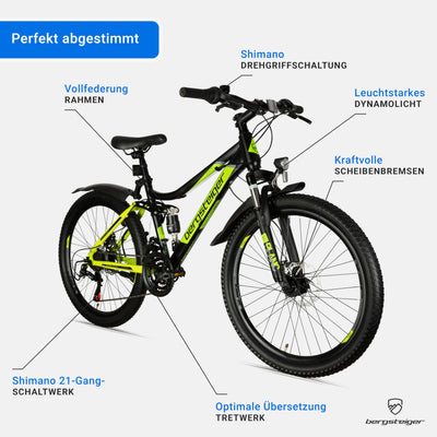 Bergsteiger Broome 24, 26 Zoll Kinderfahrrad, Shimano 21 Gang-Schaltung, StVZO, Mountainbike mit Vollfederung, Scheibenbremsen & Dynamo-Licht, geeignet für 8, 9, 10, 11, 12, 13 Jahre, Jungen & Mädchen