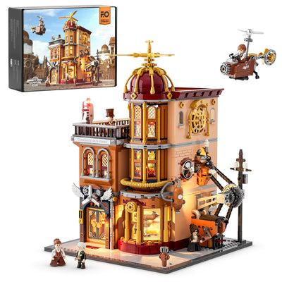FUNWHOLE Steampunk Flugclub Beleuchtetes Baustein-Set - 1858 Teile Modularer Baukasten Sammler-Set für Erwachsene und Jugendliche