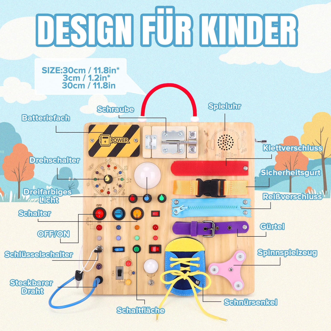 23 in 1 Busy Board Montessori Spielzeug ab 1 jahr Activity Board Spielzeug ab 2 3 jahre Holzspielzeug Sensory Spielzeug mit 15 Schalter,26 LED-Leuchten,Spieluhr,Schloss,Reißverschluss,Schnürsenkeln