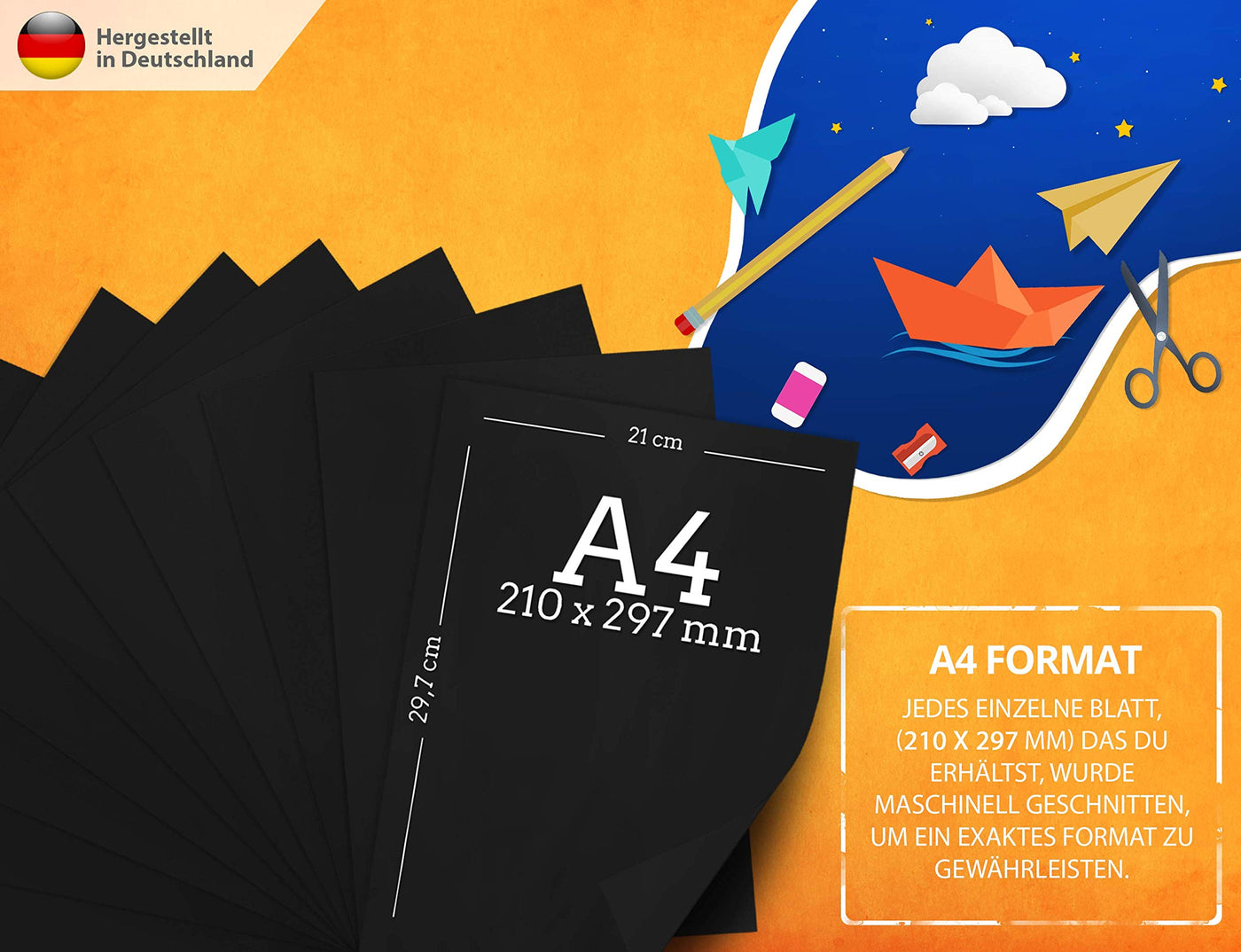 100 Stück Schwarz TONZEICHENpapier A4 – 130g stark – Schwarze Blätter – Bastel Bogen - Vollschwarz – Stabiles Zeichenpapier, Pappe zum Basteln, Zeichenkarton - DIY - Kreativ Zubehör für Fotoalben