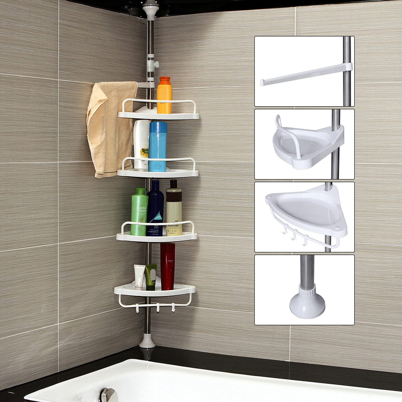 SONGMICS Duschregal höhenverstellbar, Eckregal fürs Badezimmer, Badregal, 95-300 cm, Boden bis Decke, Edelstahl, 4 Ablagen, 3 Haken, 1 Handtuchhalter, weiß-silbern BCB02SW