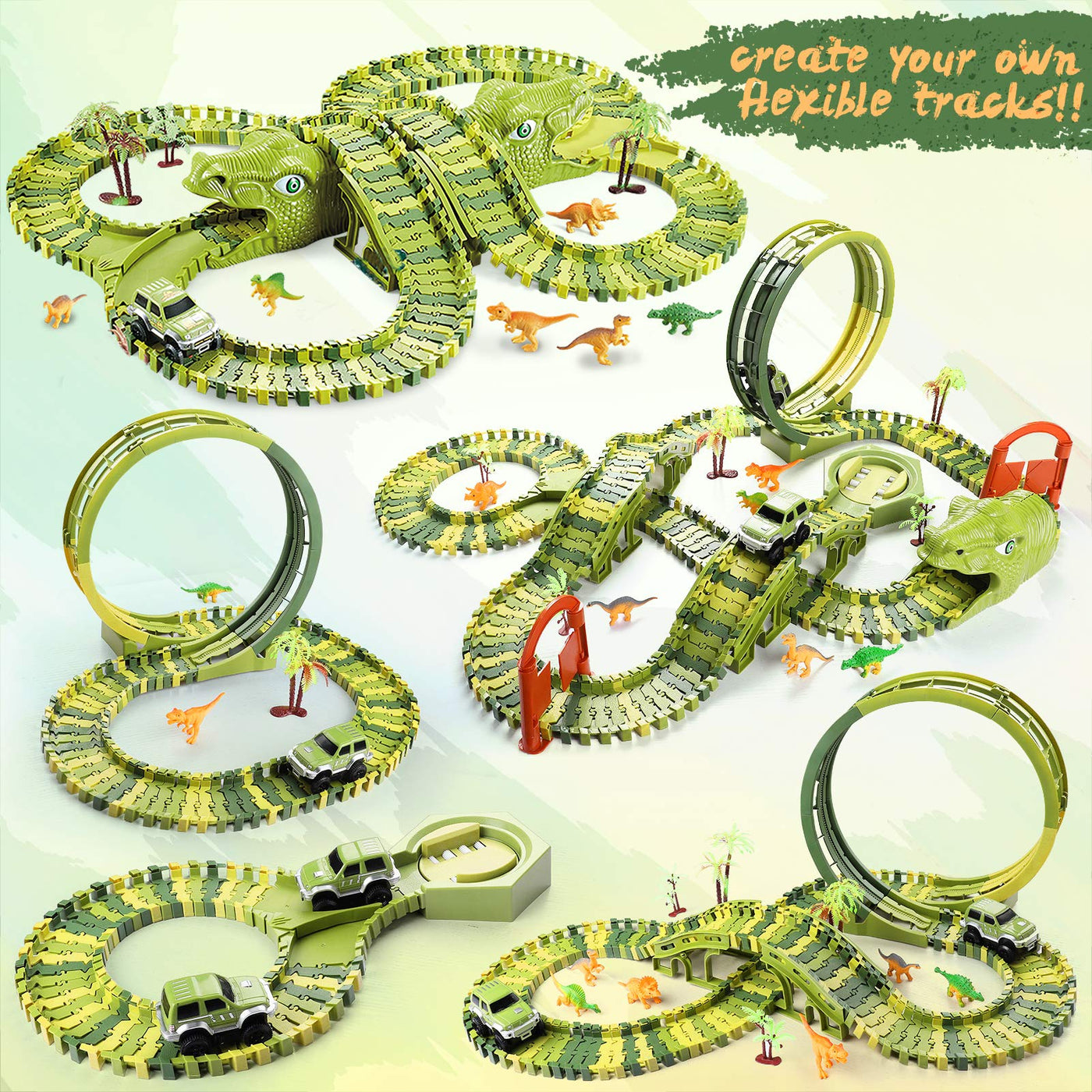 burgkidz Dinosaurier Rennstrecken Spielen Fahrzeuge Spielzeug Set, 387 Stück Flexible Dinos Bahngleise mit 360 Loop und Auto Turntable Spielset, 2 Rennwagen, Geschenk für Kinder ab 3 Jahren