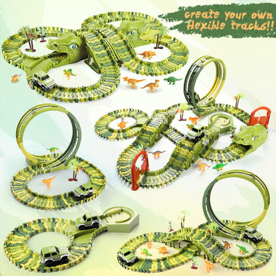 burgkidz Dinosaurier Rennstrecken Spielen Fahrzeuge Spielzeug Set, 387 Stück Flexible Dinos Bahngleise mit 360 Loop und Auto Turntable Spielset, 2 Rennwagen, Geschenk für Kinder ab 3 Jahren
