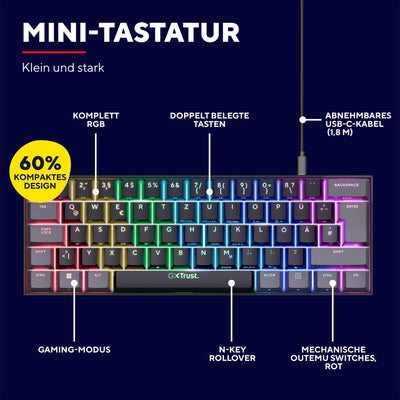 Trust Gaming GXT 867 Acira 60% Mechanische Tastatur Deutsches QWERTZ Layout, RGB Beleuchtung, Doppelt Belegte Tasten, USB Mini Tragbare Programmierbare Kleine Gaming Tastatur 60 Prozent PC Laptop