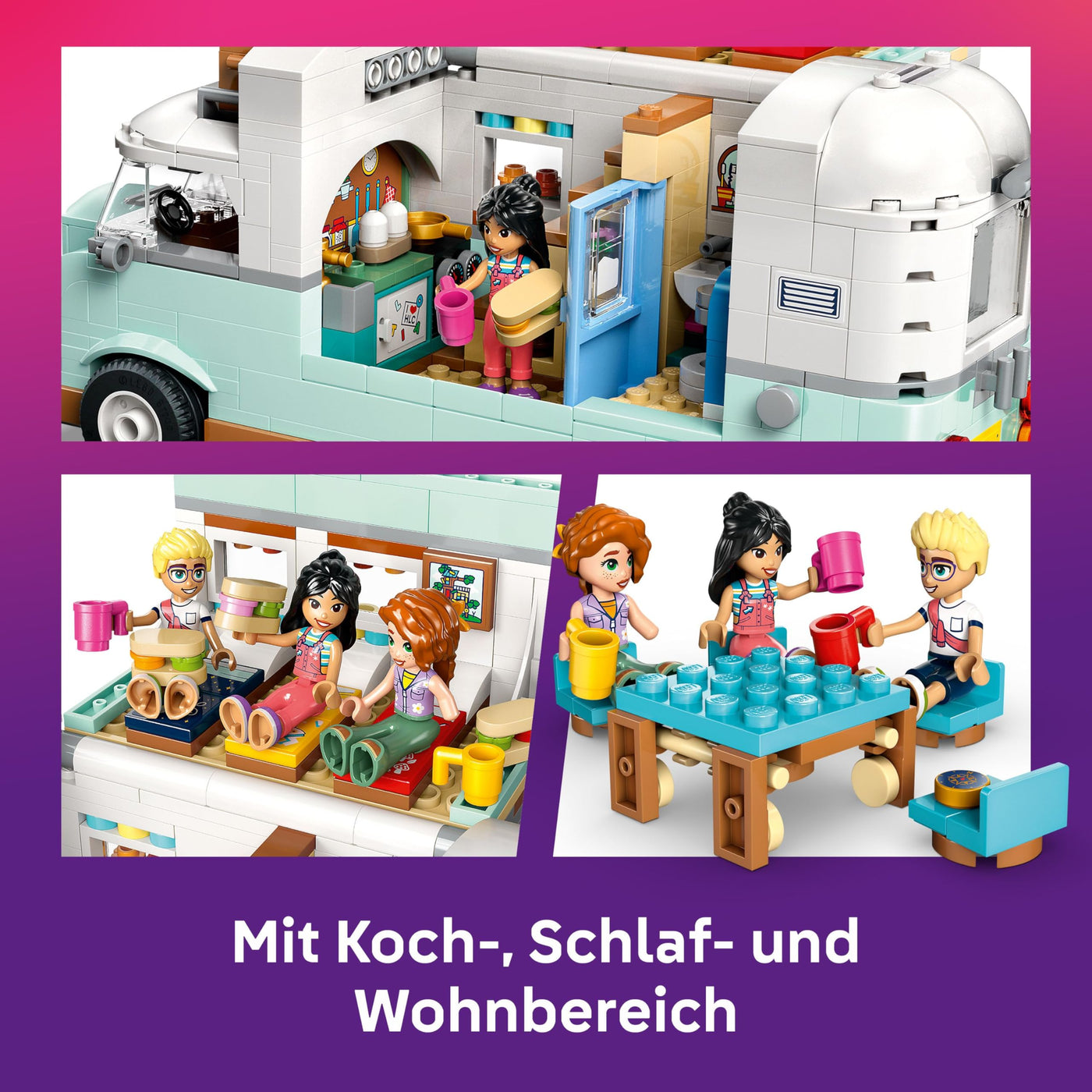 LEGO Friends Wohnmobil, Bauset für Rollenspiele mit einem Spielzeug Wohnwagen, Geschenk für Mädchen ab 7 Jahren, kreatives Spielset mit 3 Minifiguren und Frettchen Tierfigur 42663