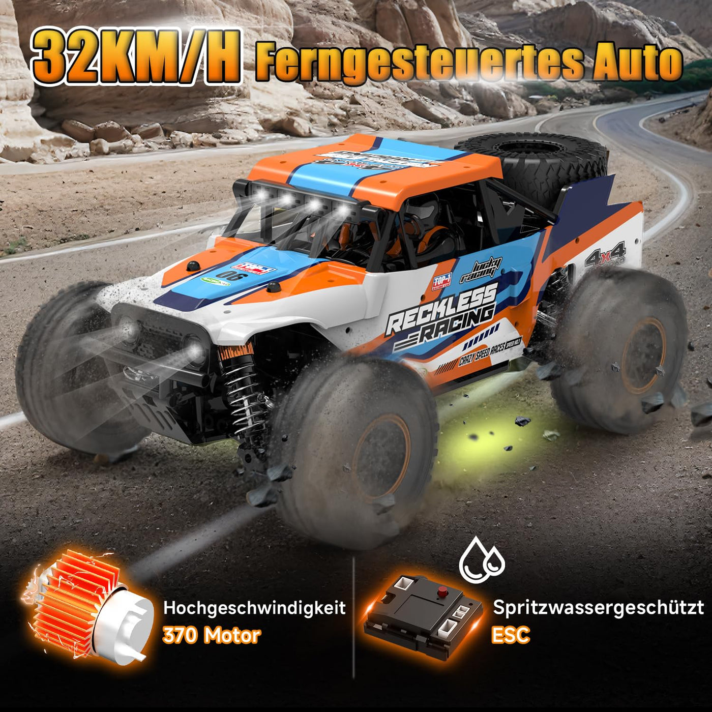Ferngesteuertes Auto ab 10 Jahre, 32KM/H RC Auto Offroad mit 7 Farben Lichtern, 1/18 RC Monstertruck mit Ersatzreifen, 2.4GHz Monstertruck Ferngesteuert für Kinder Erwachsene, 4WD RTR All Terrain
