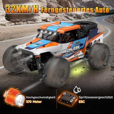 Ferngesteuertes Auto ab 10 Jahre, 32KM/H RC Auto Offroad mit 7 Farben Lichtern, 1/18 RC Monstertruck mit Ersatzreifen, 2.4GHz Monstertruck Ferngesteuert für Kinder Erwachsene, 4WD RTR All Terrain
