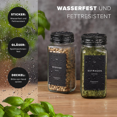 Havenhaus Premium Gewürzgläser Set schwarz | 24 Gewürz Organizer inkl. 336 deutschen Gewürzetiketten | Gewürzgläser eckig mit Streuaufsätzen lebensmittelecht | Gewürzstreuer & Gewürzbehälter modern