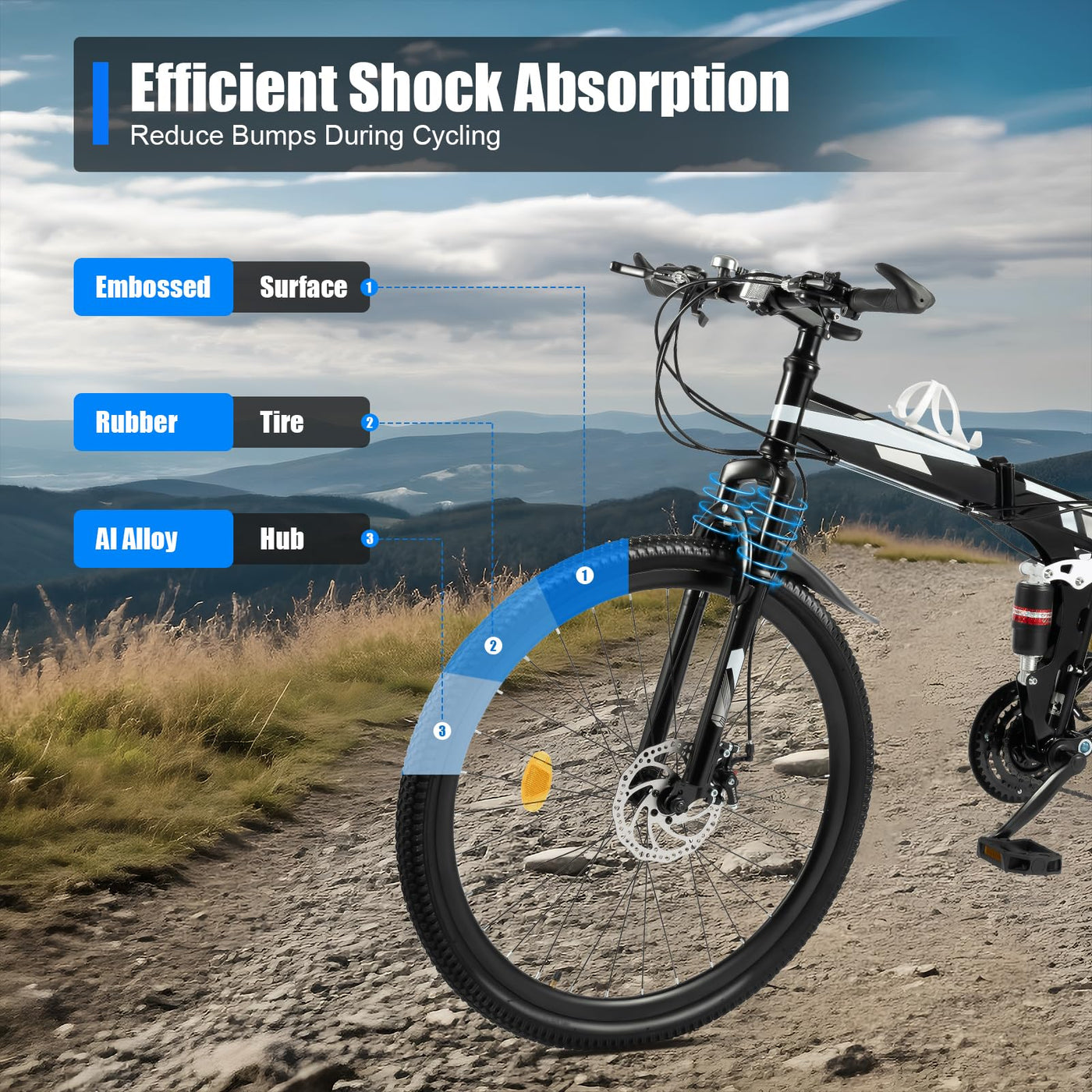 KLOOLIVE Mountainbike Faltrad 21 Gang 26 Zoll Klapprad Erwachsene Fahrrad Verstellbares MTB mit Scheibenbremse Warnlicht Schwarz