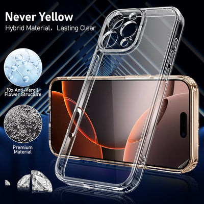 Qasyfanc Handyhülle Kompatibel mit iPhone 16 Pro Hülle mit Kameraschutz und 2 Stück Schutzfolie, Hard PC Nie Vergilbung Case Transparent Militärschutz Kratzfest Fallschutz Schutzhülle, Klar