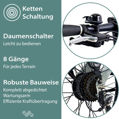 TRETWERK 20 Zoll E-Bike Klapprad - Akimbo - Faltrad Pedelec mit 8 Gang Kettenschaltung - klappbares Elektrofahrrad mit Heckmotor 50Nm - - weiß