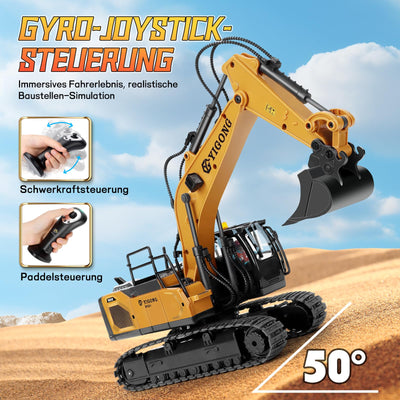 Charmofun Ferngesteuerter Bagger, 2,4GHz Bagger Spielzeug mit Schwerkraftgesteuerter Fernsteuerung, Stufenlos Rotierender RC Radlader mit Lichtern und Musik, Geschenke für Jungen Ab 5-12 Jahre