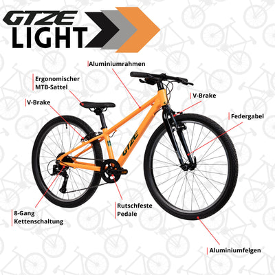 Goetze Light 24 Zoll Kinderfahrrad | Superleichtes MTB Hardtail | 8-Gang Kettenschaltung mit Drehschalter | V-Bremse vorne & hinten | Alurahmen 11" | ab 120 cm Körpergröße