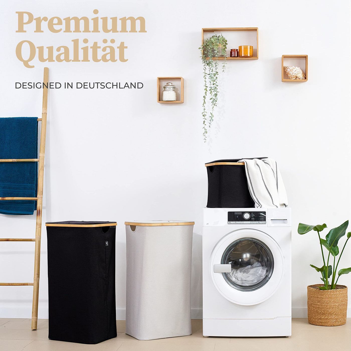 HENNEZ Wäschekorb mit Deckel – Wäschekorb mit Griff aus Bambus – Wäschekorb, faltbar, 100 l – Wäschekorb für Waschküche, Wäschekorb, Schwarz