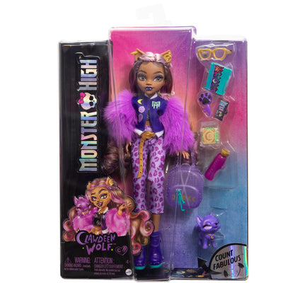 Monster High Clawdeen Wolf-Puppe mit Hund Crescent und Accessoires wie Rucksack, Kalender, Snacks und mehr, HRP65