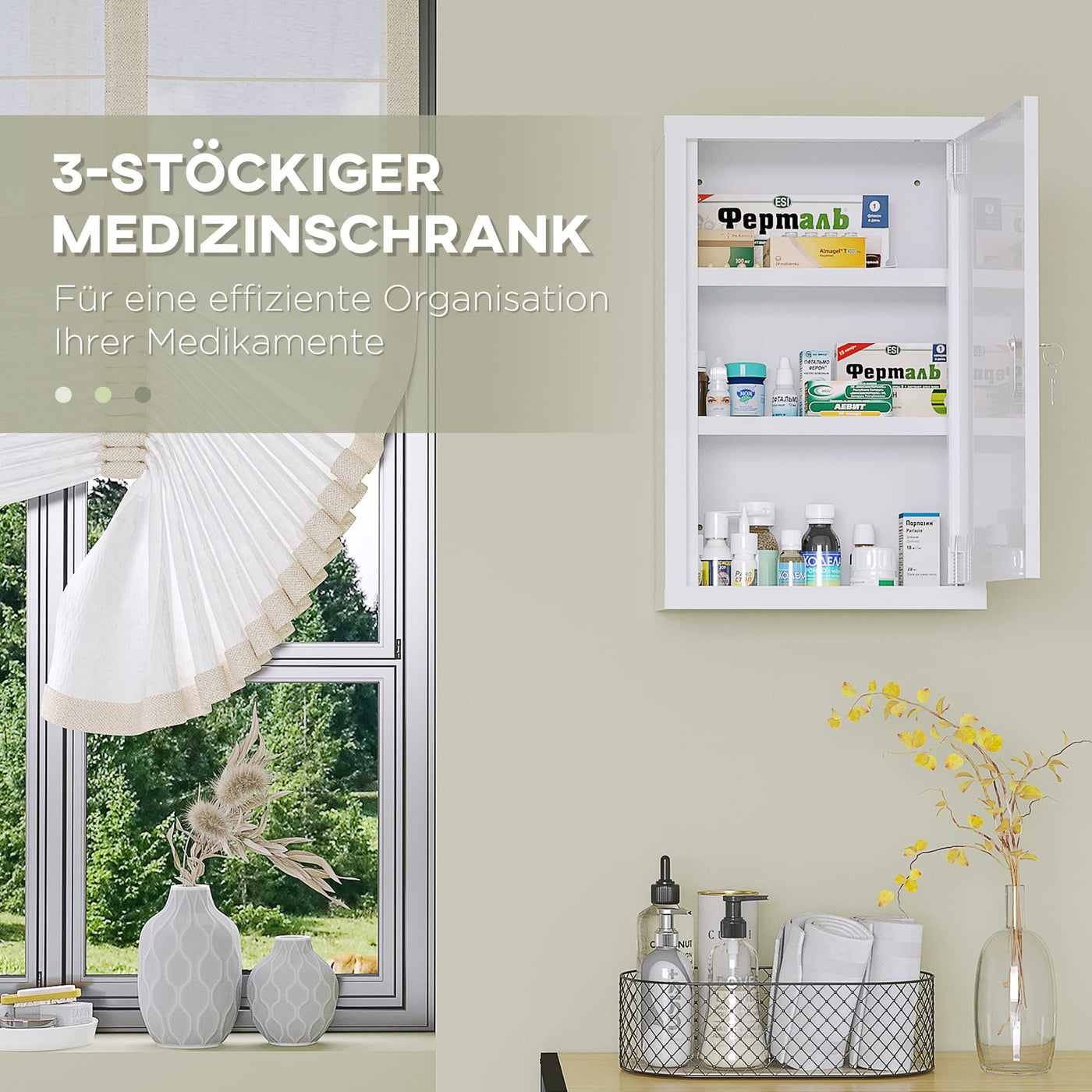 kleankin Medizinschrank, Medikamentenschrank mit 3 Schichten, 2 Schlüsseln, Apothekerschrank, abschließbarer Arzneischrank mit Wand-Medizinbox, Stahl, Weiß, 30 x 14 x 46 cm