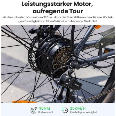 Touroll B1 26 Zoll City E-Bike mit 250W Motor und 36V 15.6Ah Akku Pedelec Cityräder Elektrofahrrad, Max Geschwindigkeit 25km/h Max Reichweite 90km, Erwachsene Herren Damen Ebike