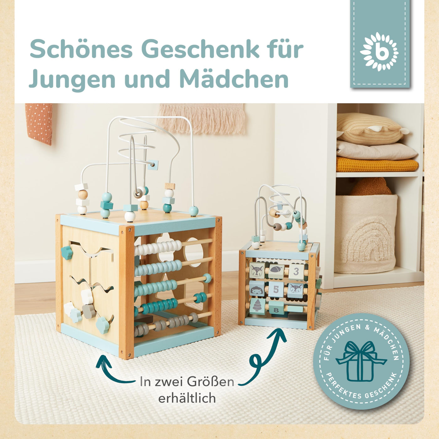 Bieco Motorikwürfel Scandi-Chic nachhaltiges Holz FSC® | Motorikspielzeug ab 1 Jahr | Activity Center Baby Spielzeug 1 Jahr | Motorikwürfel Holz | holzspielzeug ab 1 Jahr motorikschleife ab