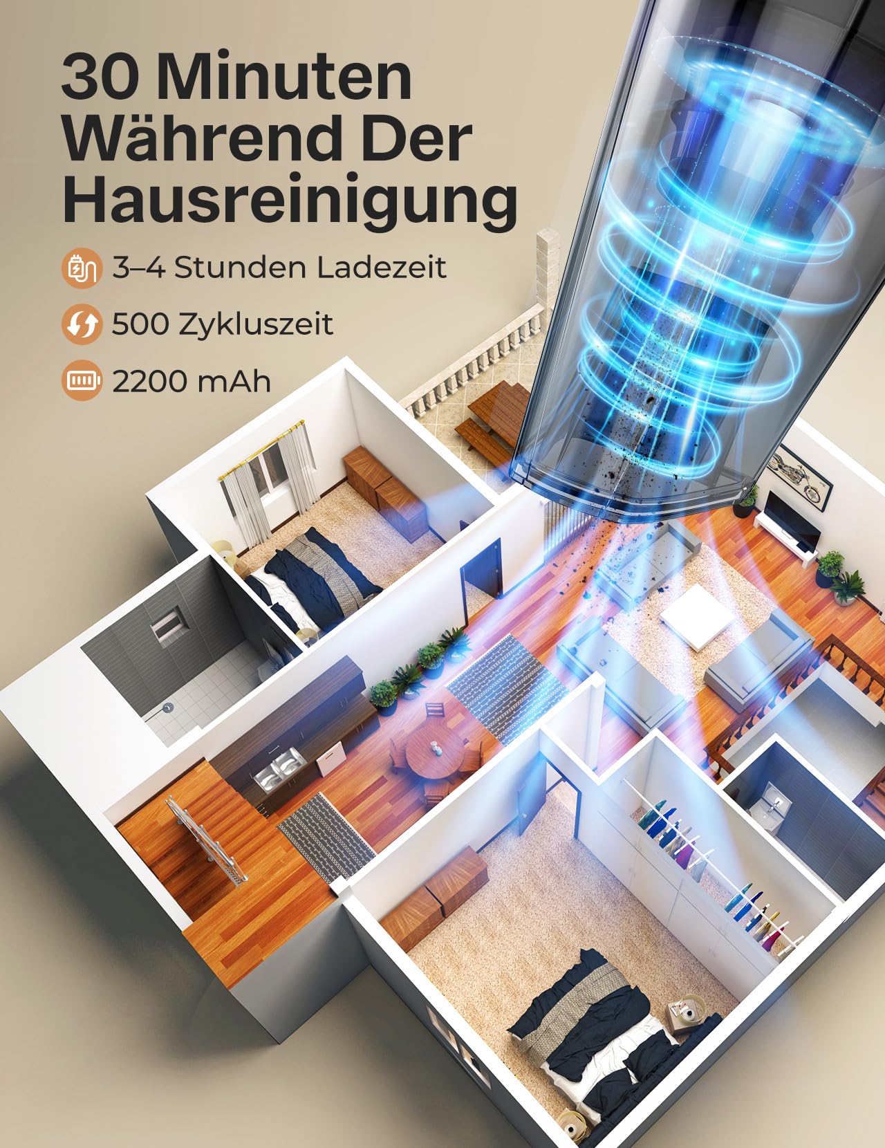 Handstaubsauger, Leistungsstarker, Tragbarer, Leichter, kabelloser Handstaubsauger mit 25–30 Minuten Langer Laufzeit, Wiederaufladbarem Akku und Schnellladung für Auto, Teppich, Treppe, Tierhaare