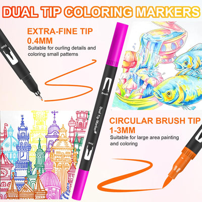 Lyuvie 158 Filzstifte Dual Brush Pen Set-Filzstifte Dicke und Dünne Pinselstifte Fineliner mit Schwarzem Etui,Marker & Filzstifte für Erwachsene Zeichnen Lettering Skizzieren Weihnachten