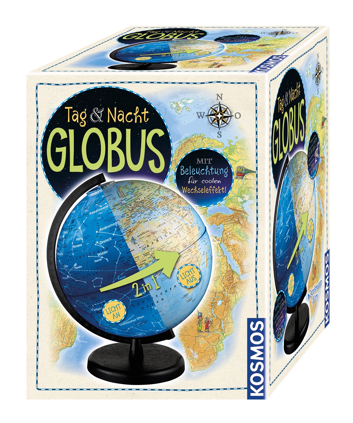 Kosmos 673017 Tag & Nacht Globus 26cm mit Beleuchtung, Globus für Kinder ab 7 Jahren, Weltkugel zum Entdecken, Leuchtglobus