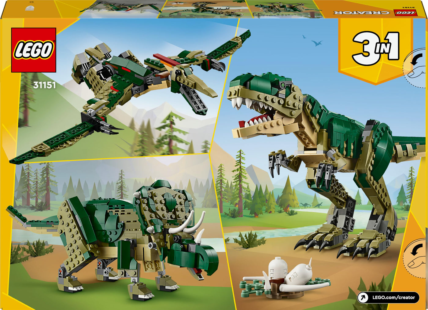 LEGO Creator T.Rex, 3-in-1-Dino zum Umbauen in einen Triceratops oder Pterodaktylus, bewegliches Dinosaurier Modell für Kinder, Geschenk für Jungen und Mädchen 31151