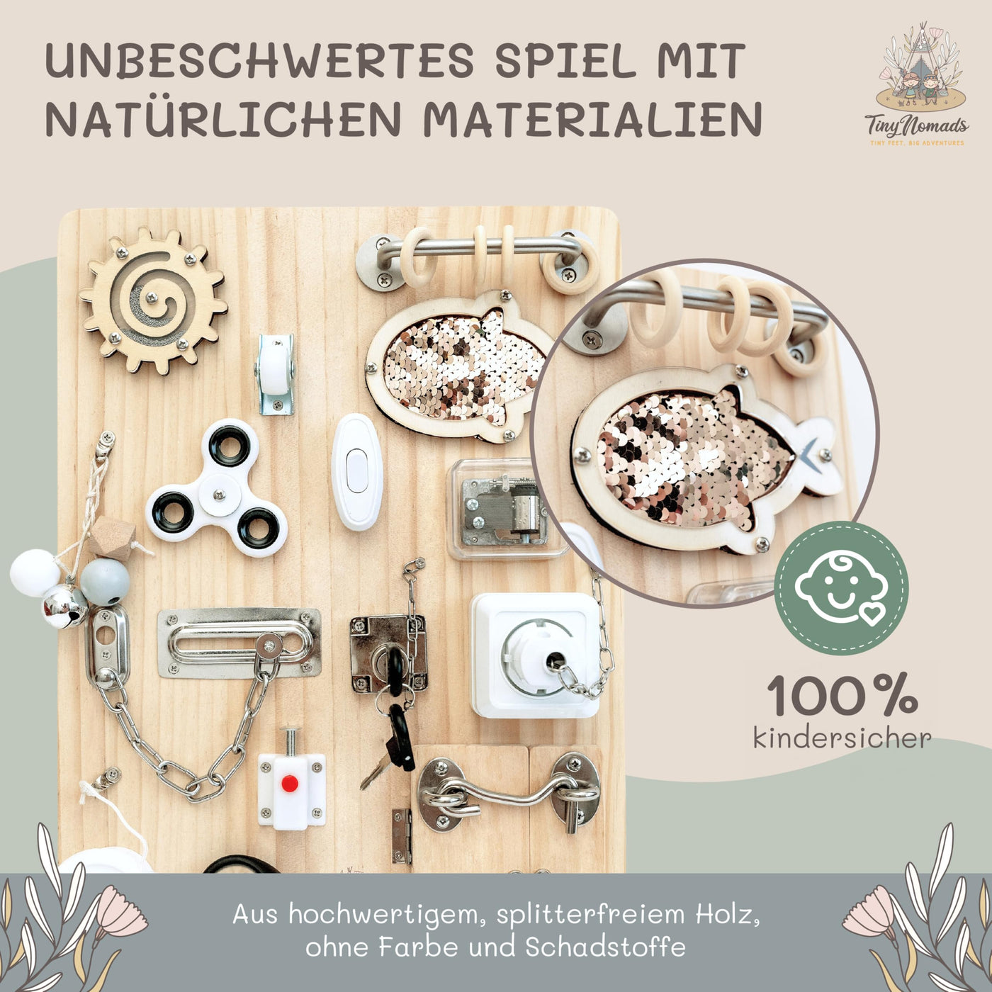 Tiny Nomads Montessori Busy Board motorikbrett ab 1 2 3 4 Jahr - Motorikboard für Baby Sensorik Activity Board holzspielzeug Autismus & ADHS geeignet