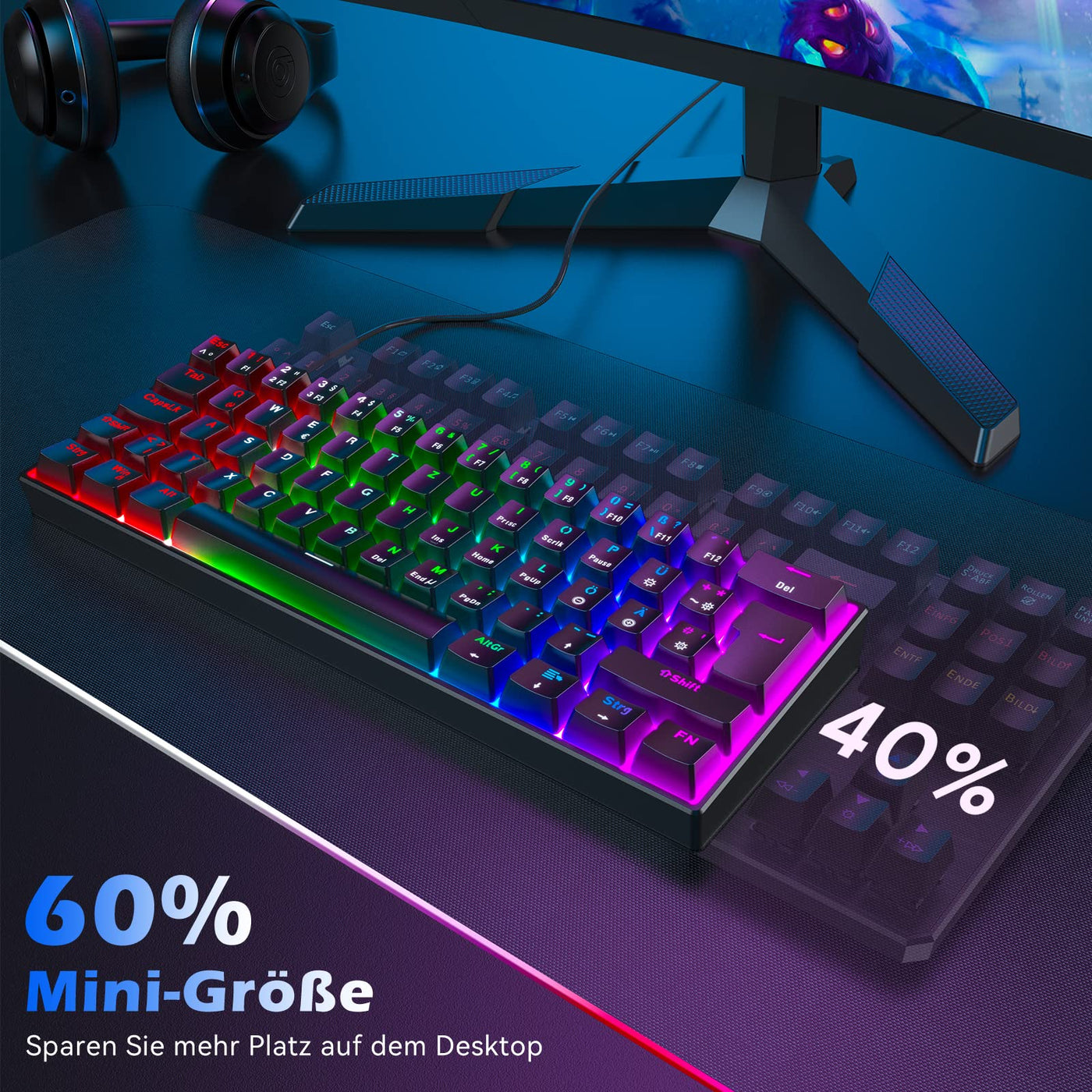 TECURS Mechanische Gaming Tastatur, Mechanische Tastatur 60 Prozent QWERTZ Rote Schalter für PC Gamer und Arbeits, 61 Tasten Kabelgebundene Tastatur für PC Windows/PS5/PS4, Schwarz