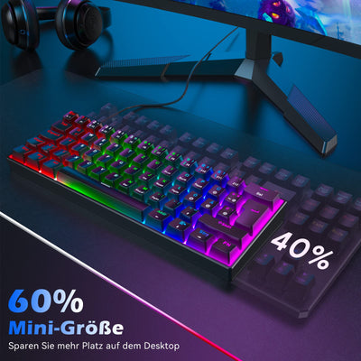 TECURS Mechanische Gaming Tastatur, Mechanische Tastatur 60 Prozent QWERTZ Rote Schalter für PC Gamer und Arbeits, 61 Tasten Kabelgebundene Tastatur für PC Windows/PS5/PS4, Schwarz