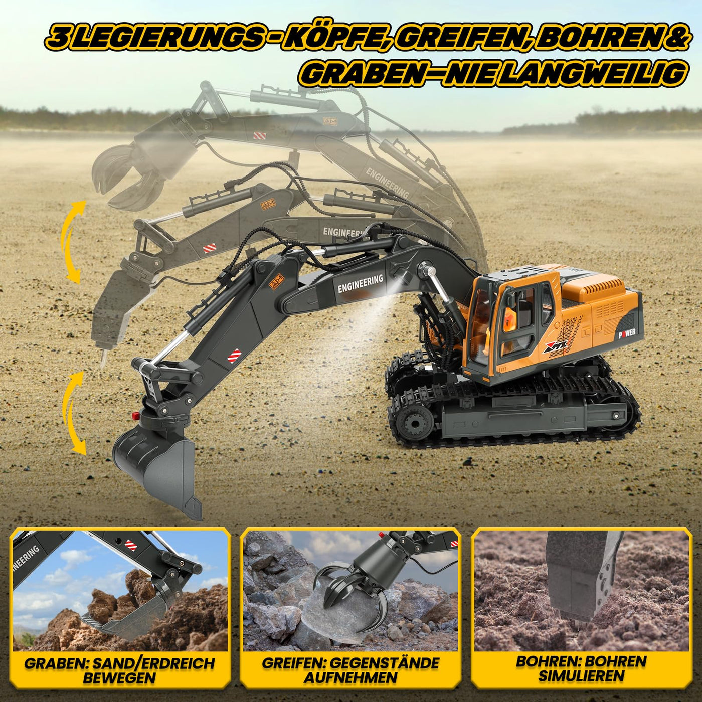 Charmofun 3-in-1 Ferngesteuerter Bagger, 2,4GHz RC Bagger Spielzeug mit DREI Metallköpfen, 680° Drehbarer Radlader mit Lichtern & Musik, Geschenk Ab 3-12 Jahre