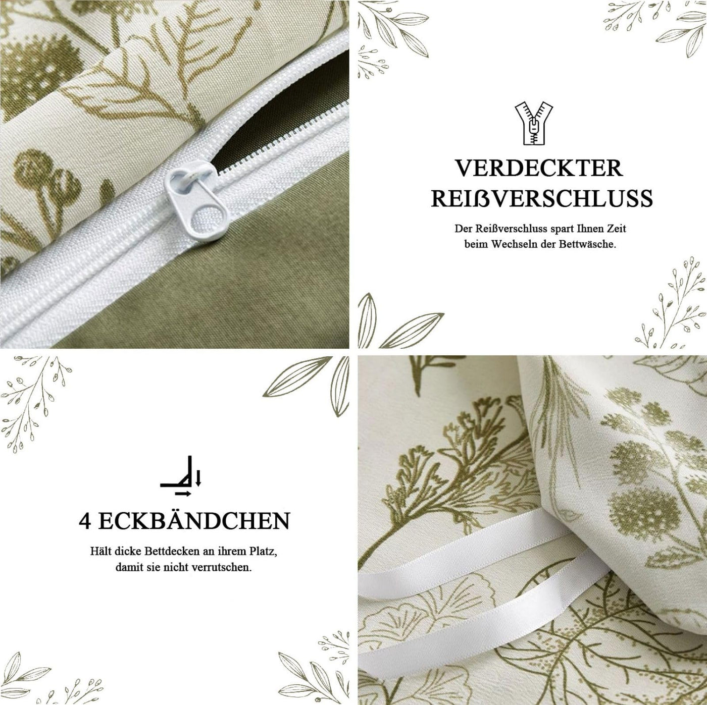 Tospass Blumen Bettwäsche 200x200 cm Olivgrün Weiß Blätter Pflanzen Muster Bettwäsche Set Floral Bettbezug Mikrofaser Wende Bettwäsche 1 Deckenbezug mit Reißverschluss 2 Kissenbezug 80x80 cm