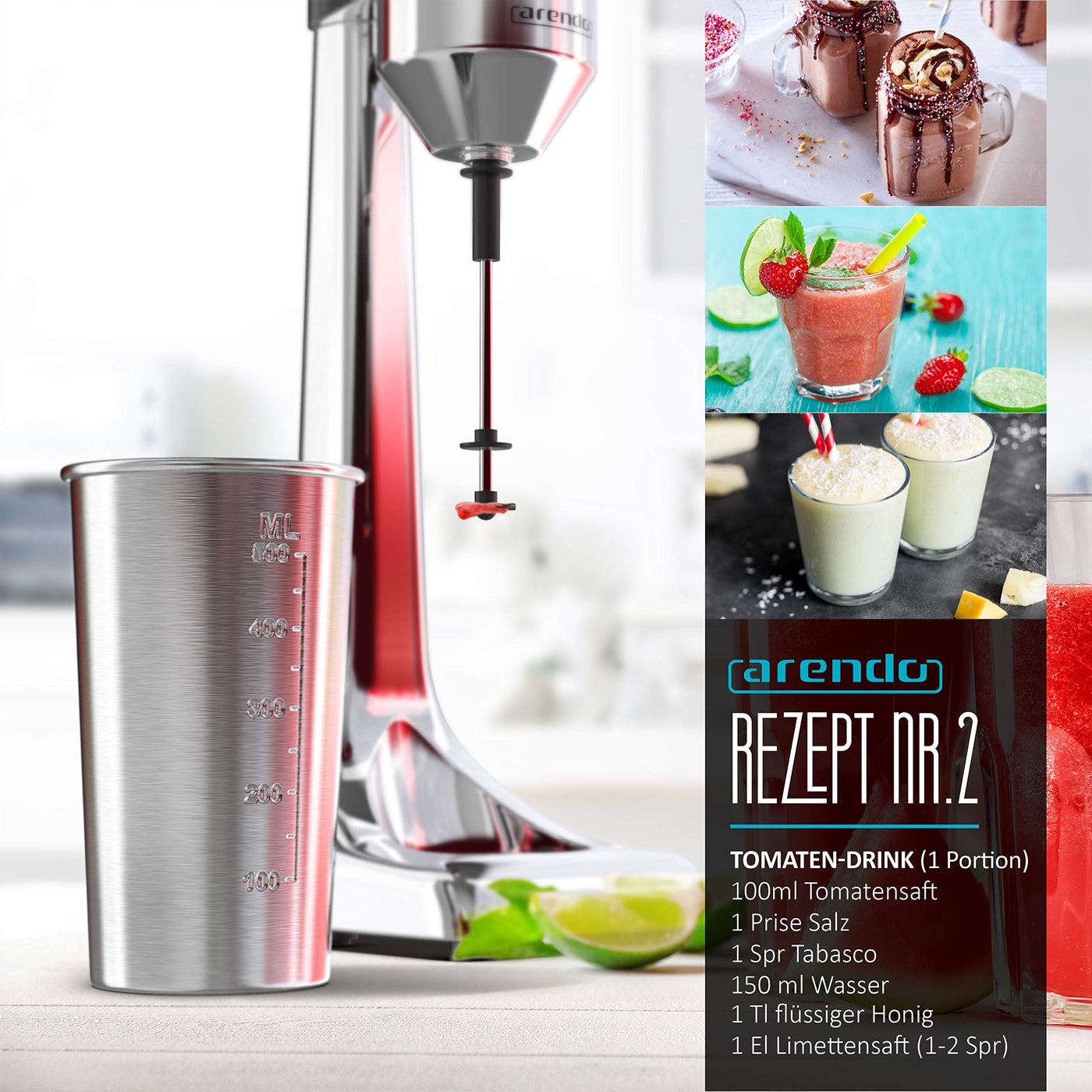 Arendo - Drink Mixer - Getränkemixer - elektrischer Standmixer - Shaker - 500 ml Becher - 100 W, 22.000 U min - 2 Geschwindigkeitsstufen - Protein Smoothies Eischnee Milchshakes Cocktails - GS