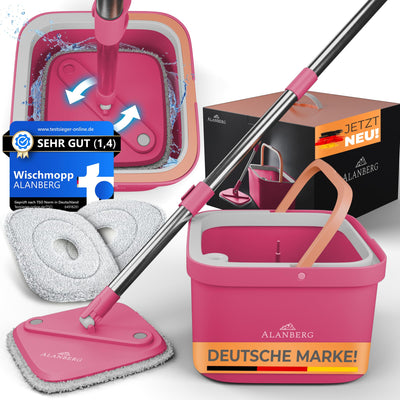ALANBERG® Wischmopp Set mit Eimer – 2-Kammer-System für Schmutz- & Frischwassertrennung – Selbstauswringend, Mikrofaser Wischpads – Bodenwischer für alle Böden, Rosa