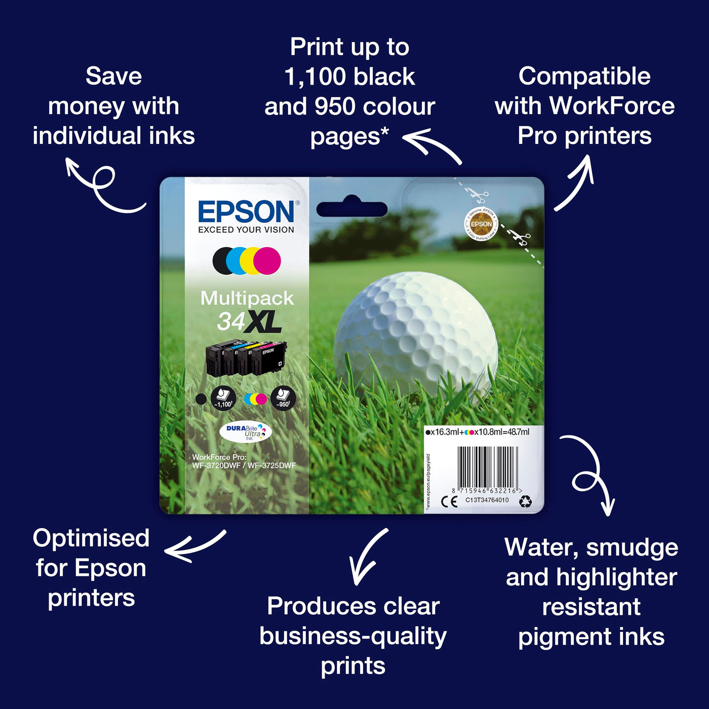 Epson Tinte Kombi-Pack T3466, 34 Original Schwarz, Cyan, Magenta, Gelb C13T34664010, Multipack, Standard